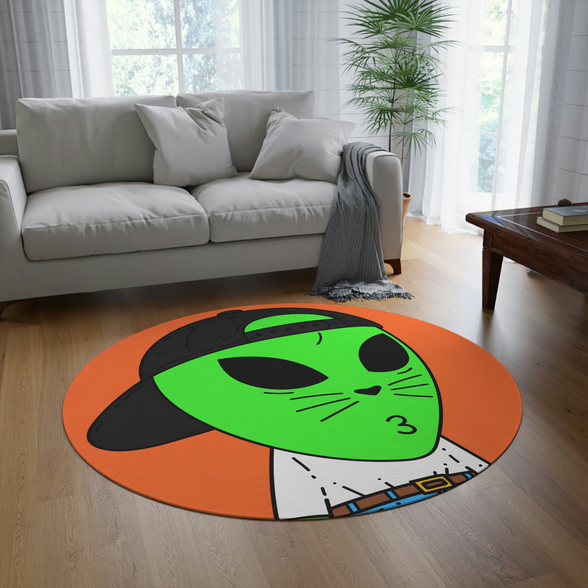Cat Whiskers Visitor Green Alien Heart Nose Black Cap Round Rug - Visitor751