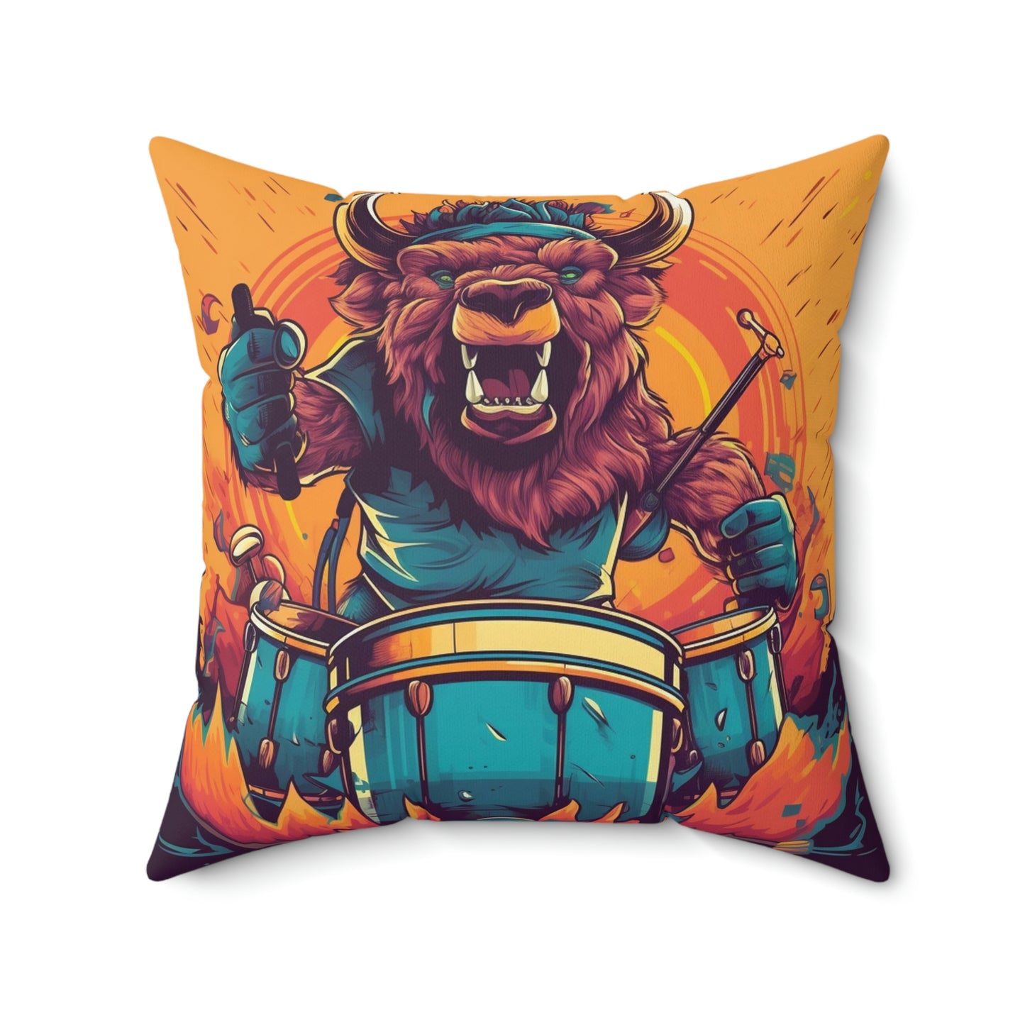 American Bison Drum Player Musician Graphic Spun Polyester Square Pillow