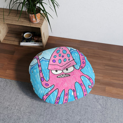 The Kraken Octopus Clean Graphic Tufted Floor Pillow, Round