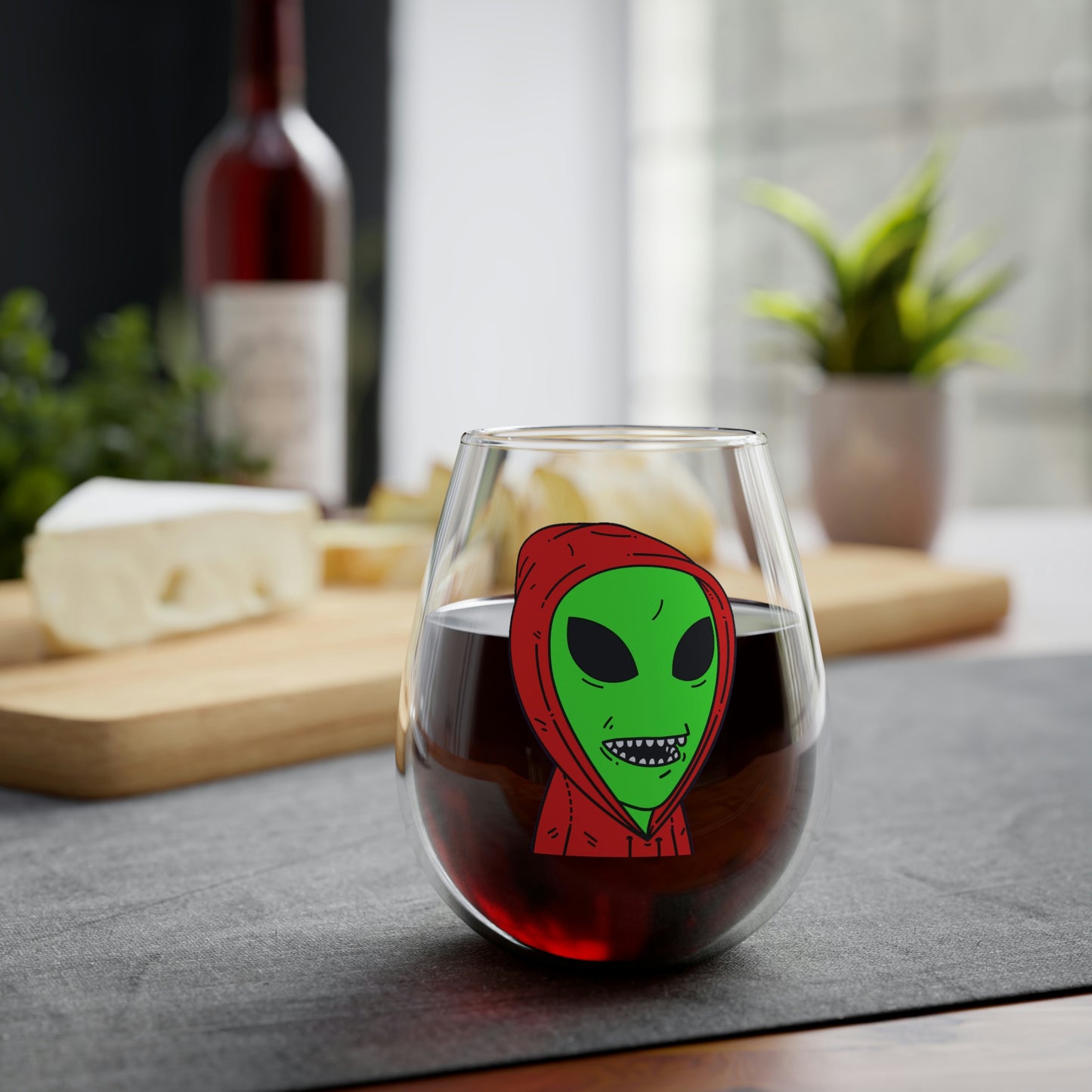 Red Hooded Green Visitor Big Bite Teeth Stemless Wine Glass, 11.75oz