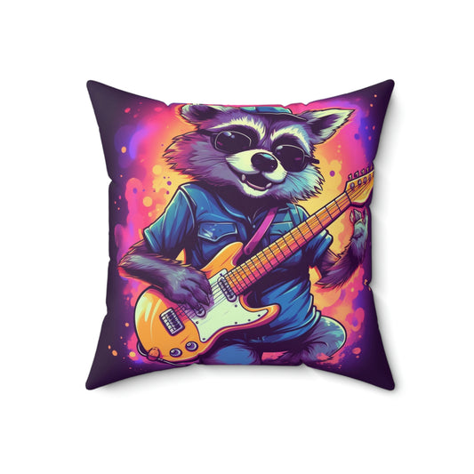 Furry Raccoon Guitarist - Rock Star Animal Music Decor Spun Polyester Square Pillow