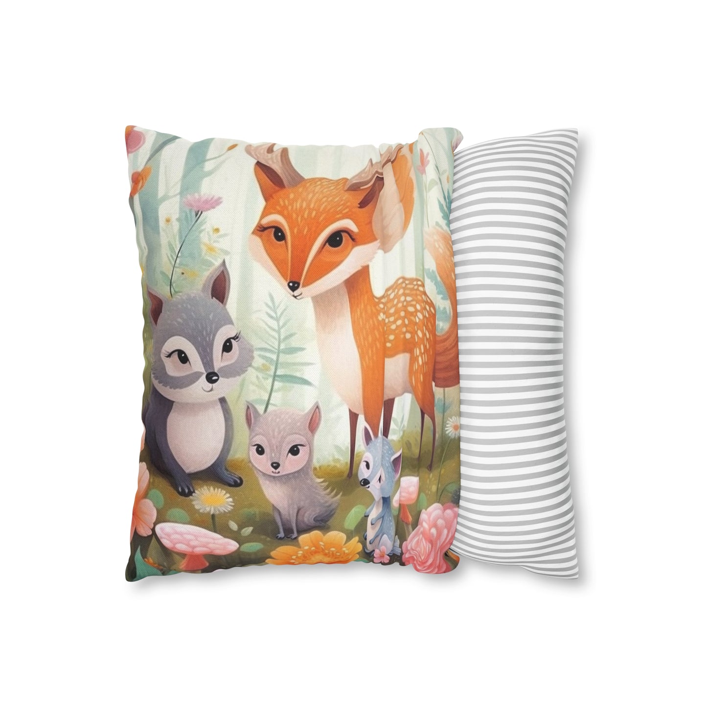 Cute Woodland Creatures Whimsical Animal Art Spun Polyester Square Pillow Case