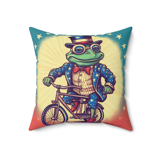 Almohada cuadrada de poliéster hilado para ciclista, Día de la Independencia Patriótica de la rana de EE. UU., 4 de julio 