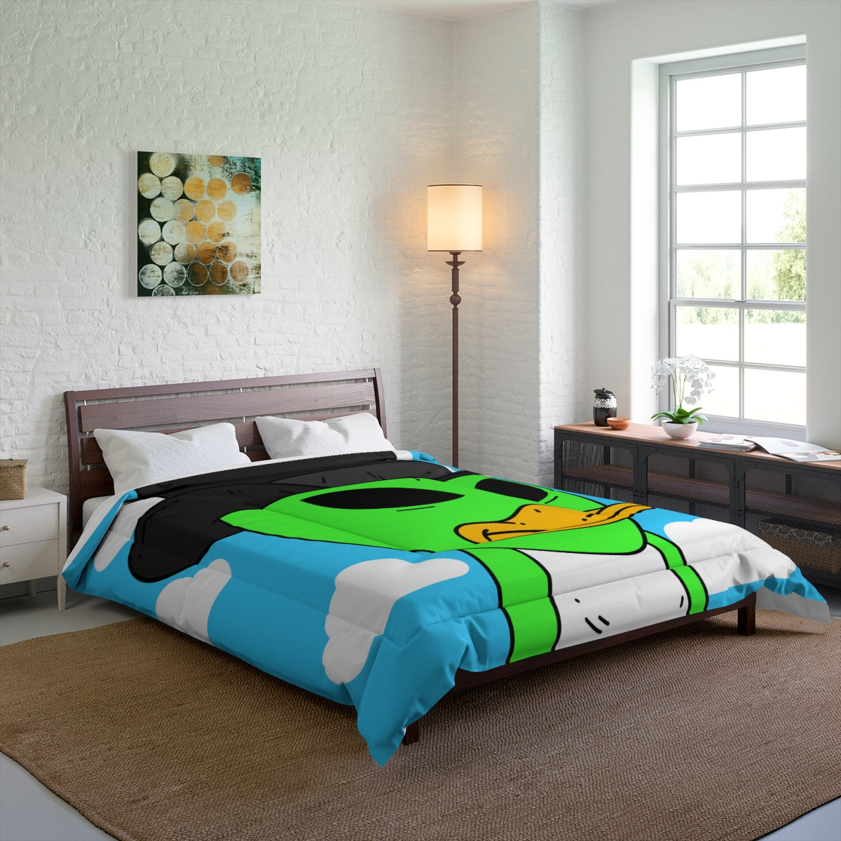 The Visitors Green Alien Duck Black Top Hat Bed Comforter