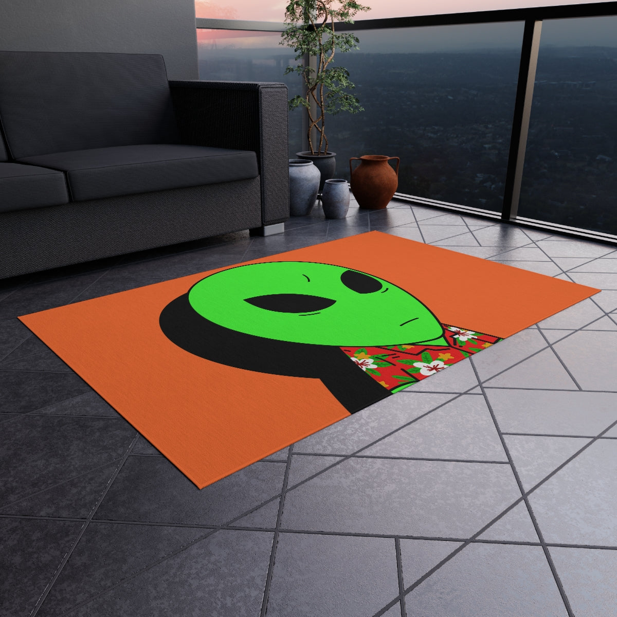 Hawaiian Shirt Green Alien Visitor Shadow Outdoor Rug