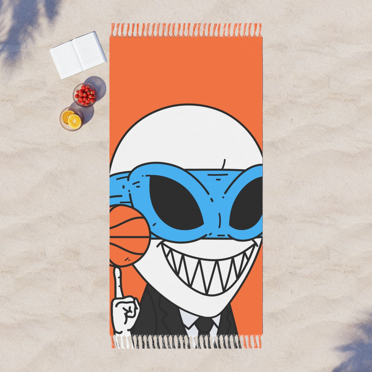 Alien BBall Sport Ninja Mask Big Smile Teeth Game Player Naranja Baloncesto Boho Beach Cloth