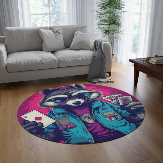 Raccoon Poker Card Player Furry Champion Round Rug