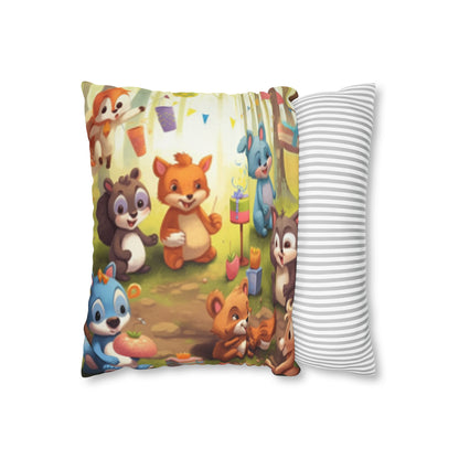 Nursery Art - Cartoon Forest Animals Party Design Spun Polyester Square Pillow Case