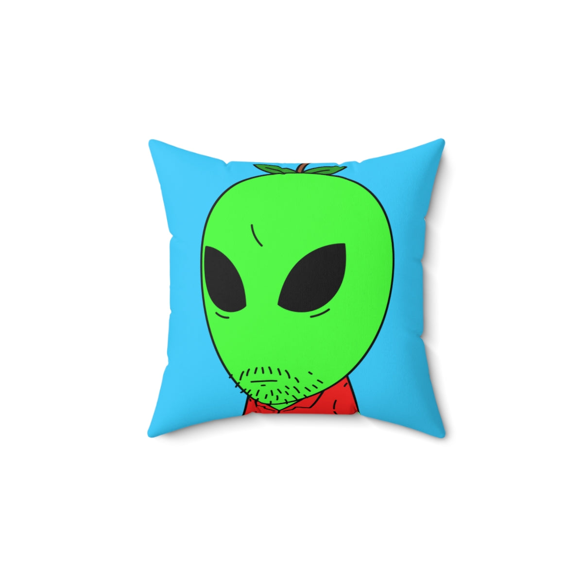 Almohada cuadrada de poliéster hilado para visitantes, camisa con cuello rojo, alienígena, cabeza de manzana verde, sin afeitar