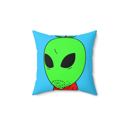 Almohada cuadrada de poliéster hilado para visitantes, camisa con cuello rojo, alienígena, cabeza de manzana verde, sin afeitar