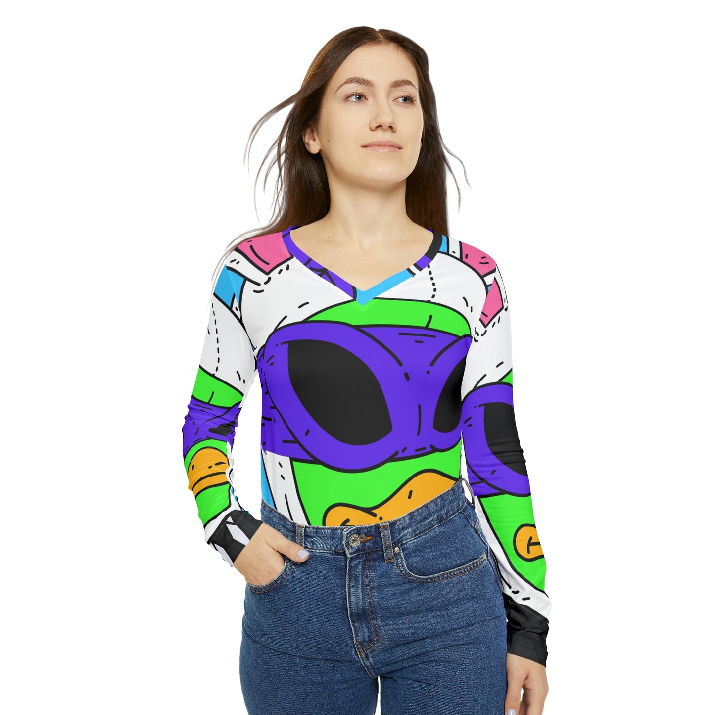 Easter Bunny Alien Visitor 751 Rabbit Women's Long Sleeve V-neck Shirt