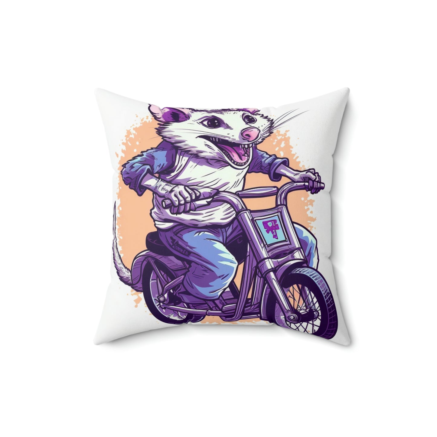 Bike Opossum Riding Pop Culture Graphic Spun Polyester Square Pillow