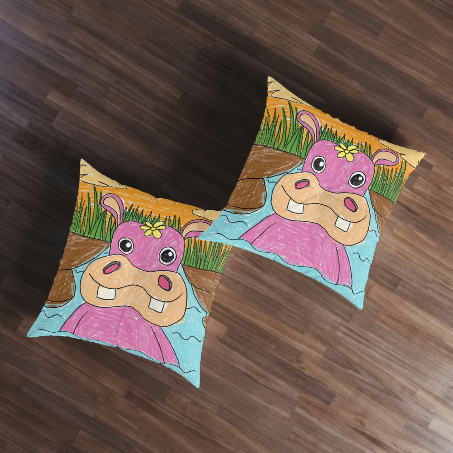 Hippo Hippopotamus Animal Creature Graphic Tufted Floor Pillow, Square