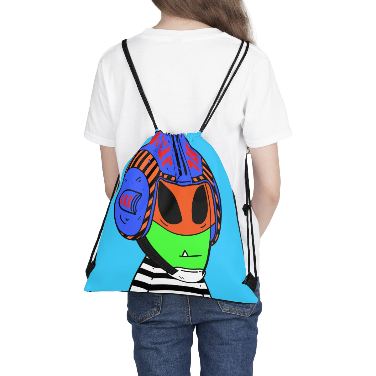 Space Helmet Green Alien Visitor Striped Shirt Outdoor Drawstring Bag