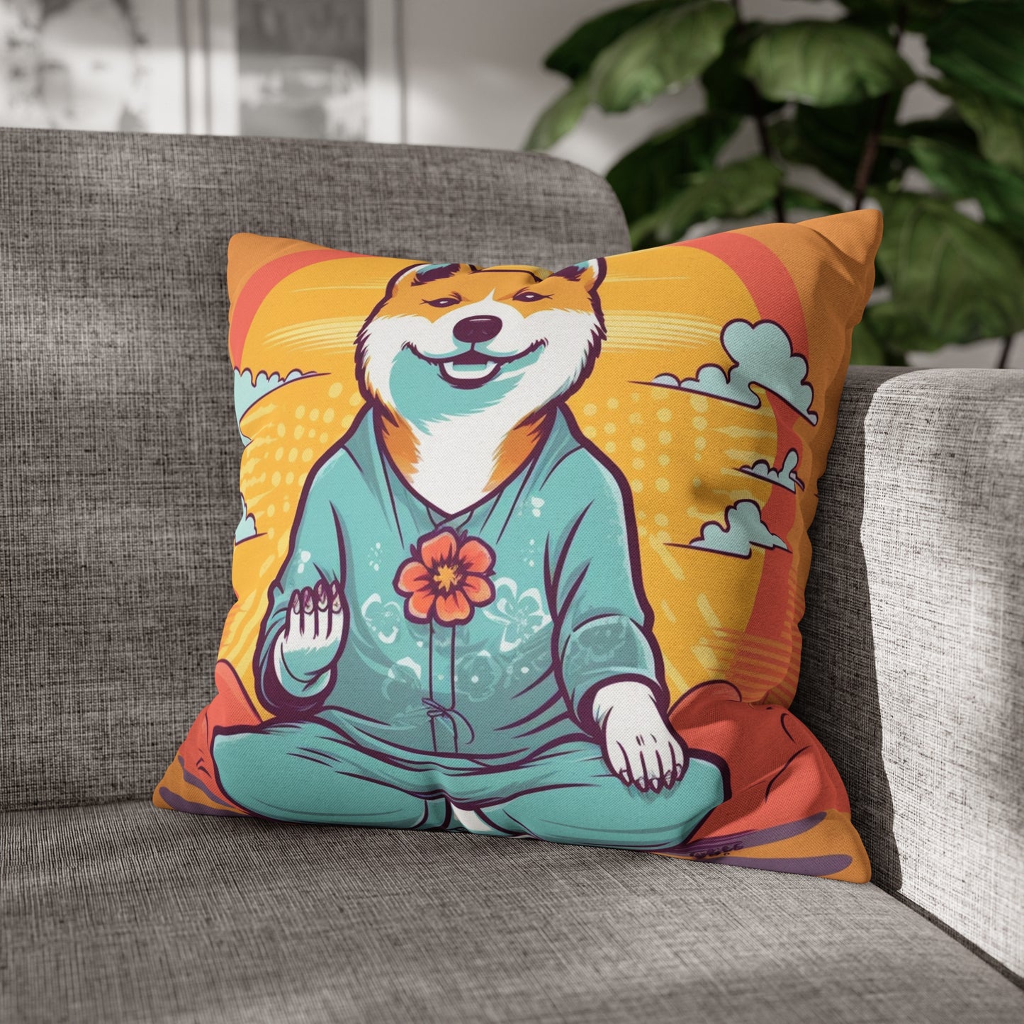 Shiba Inu Yoga Crypto Dog Namaste japonés: funda de almohada cuadrada de poliéster hilado 