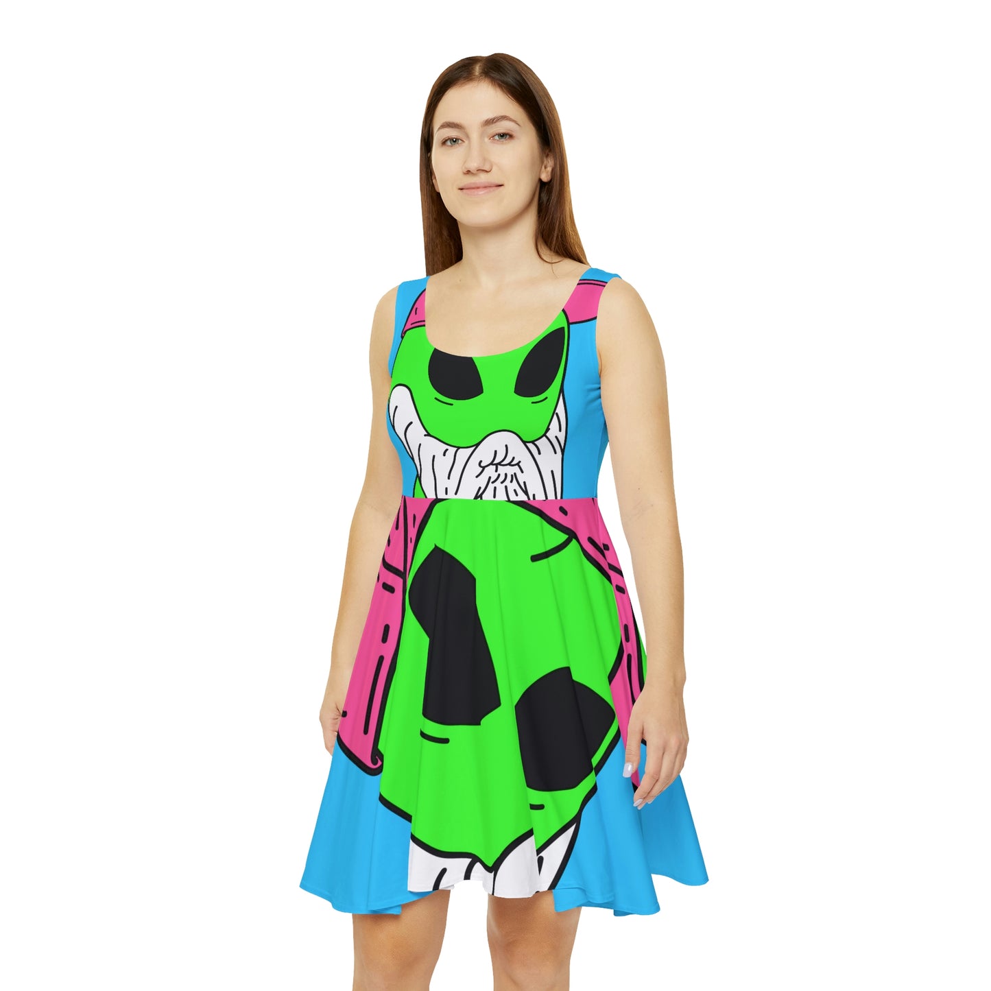 Beard Visitor Pink Hat Alien Cartoon Women's Skater Dress (AOP)