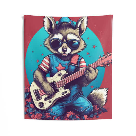 Patriotic Rock 'n' Roll Raccoon: Furry Guitar Player Indoor Wall Tapestries