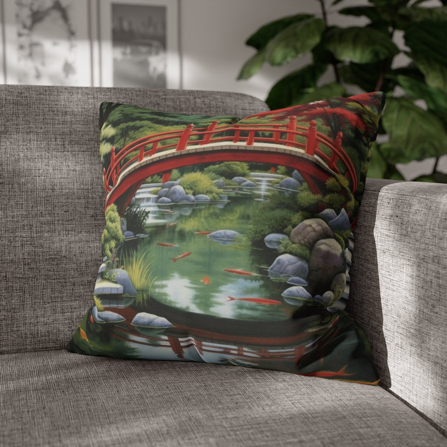 Japanese Garden Art - Tranquil Koi Pond Red Bridge Spun Polyester Square Pillow Case