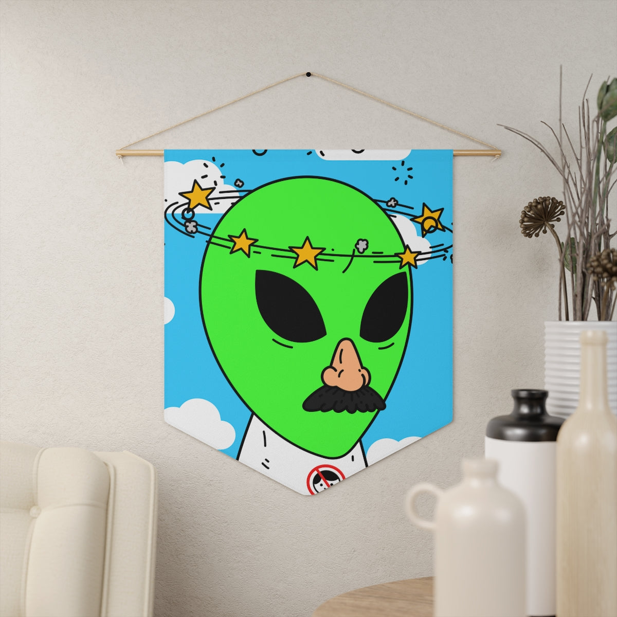 Alien Green Star Head Fake Nose Mustache Imposter Anti Human Visitor Pennant