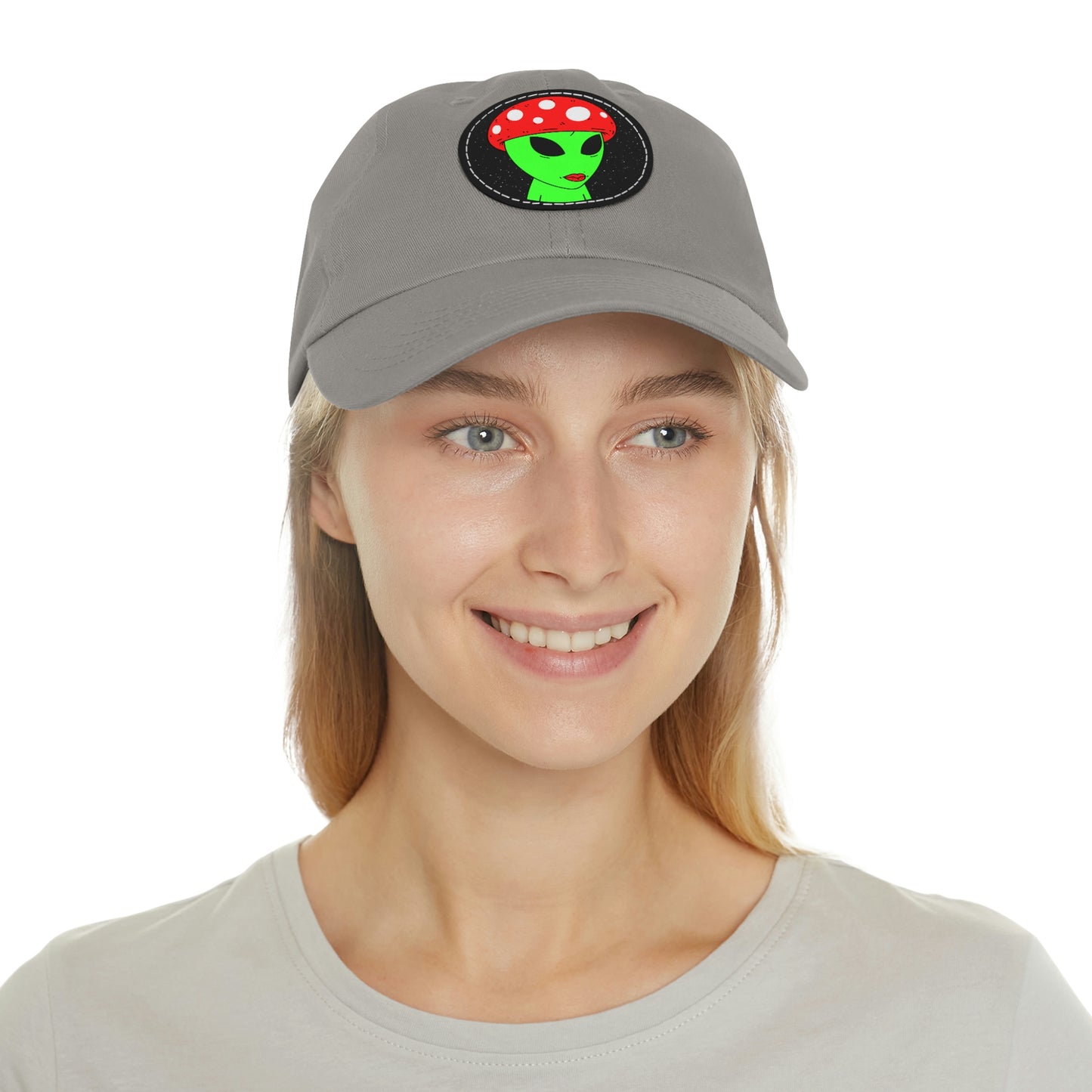 Mushroom Head Green Alien Visitor w/ Red Lips Dad Hat with Leather Patch (Round)