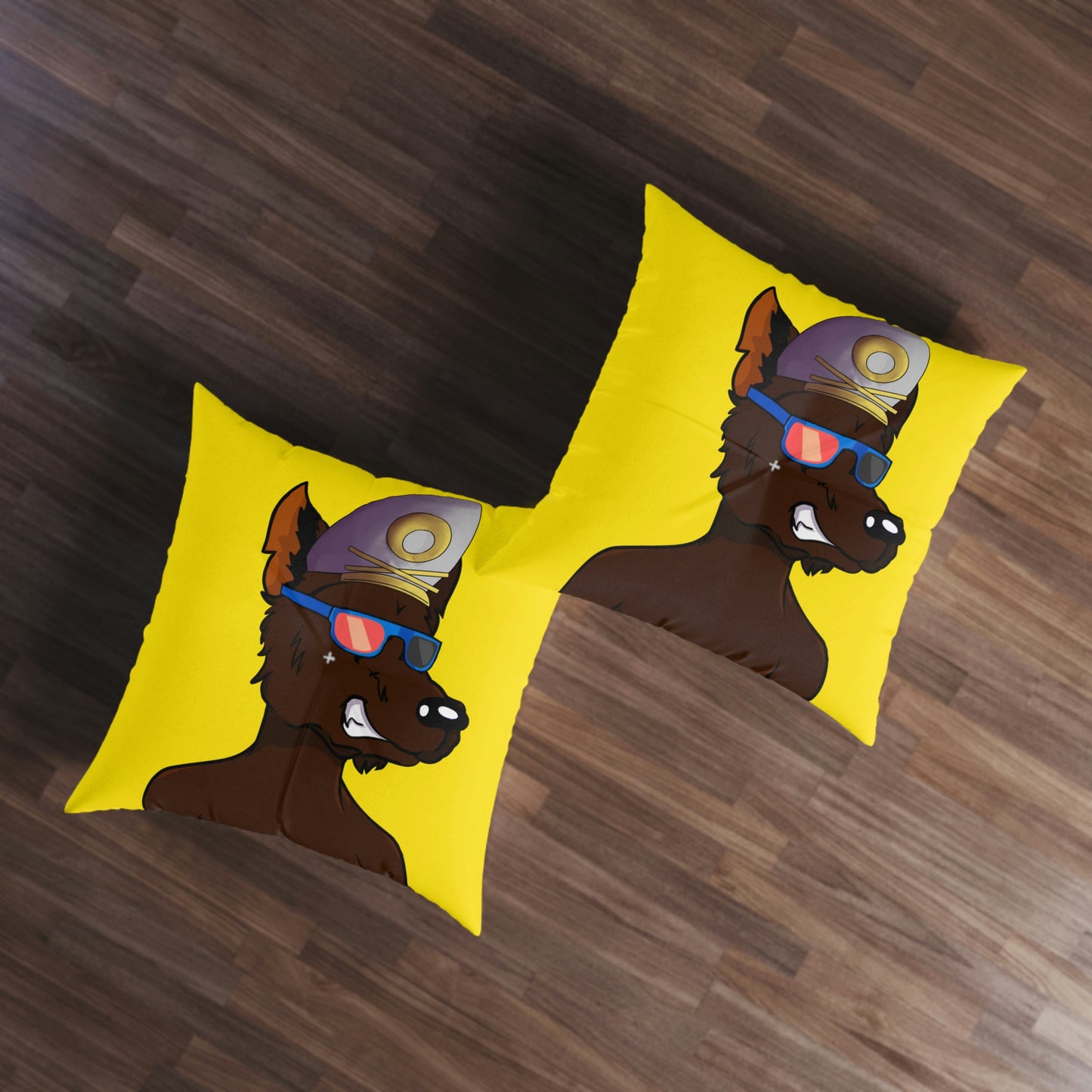 Wolf Cyborg Sailor Hat Shirtless Sunglasses Brown Fur Tufted Floor Pillow, Square