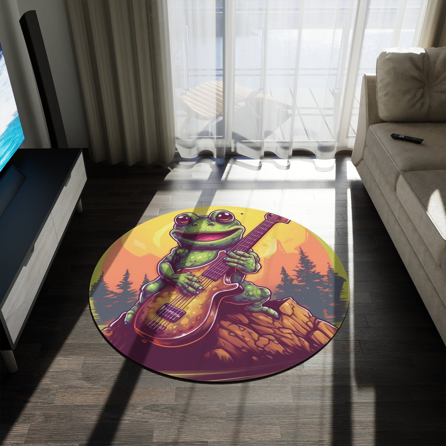 Classic Frog ontop a log Style Guitar Playing Musician Round Rug