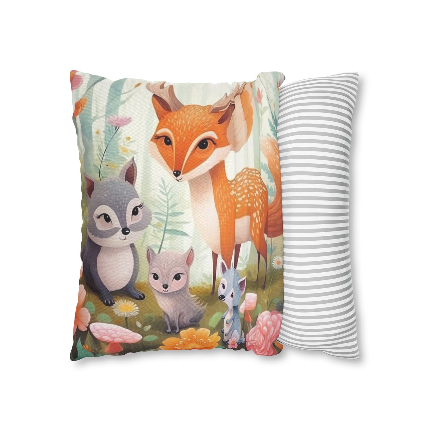 Cute Woodland Creatures Whimsical Animal Art Spun Polyester Square Pillow Case