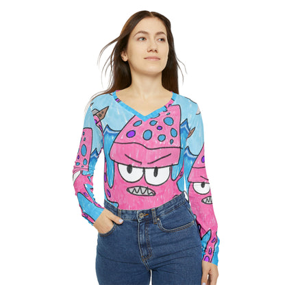 Camiseta de manga larga con cuello en V para mujer The Kraken Octopus Clean Graphic 