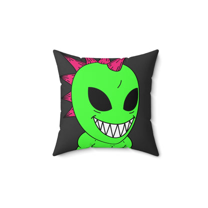 Almohada cuadrada de poliéster hilado con pinchos y pelo rosa, gran sonrisa, verde, alienígena, visitante