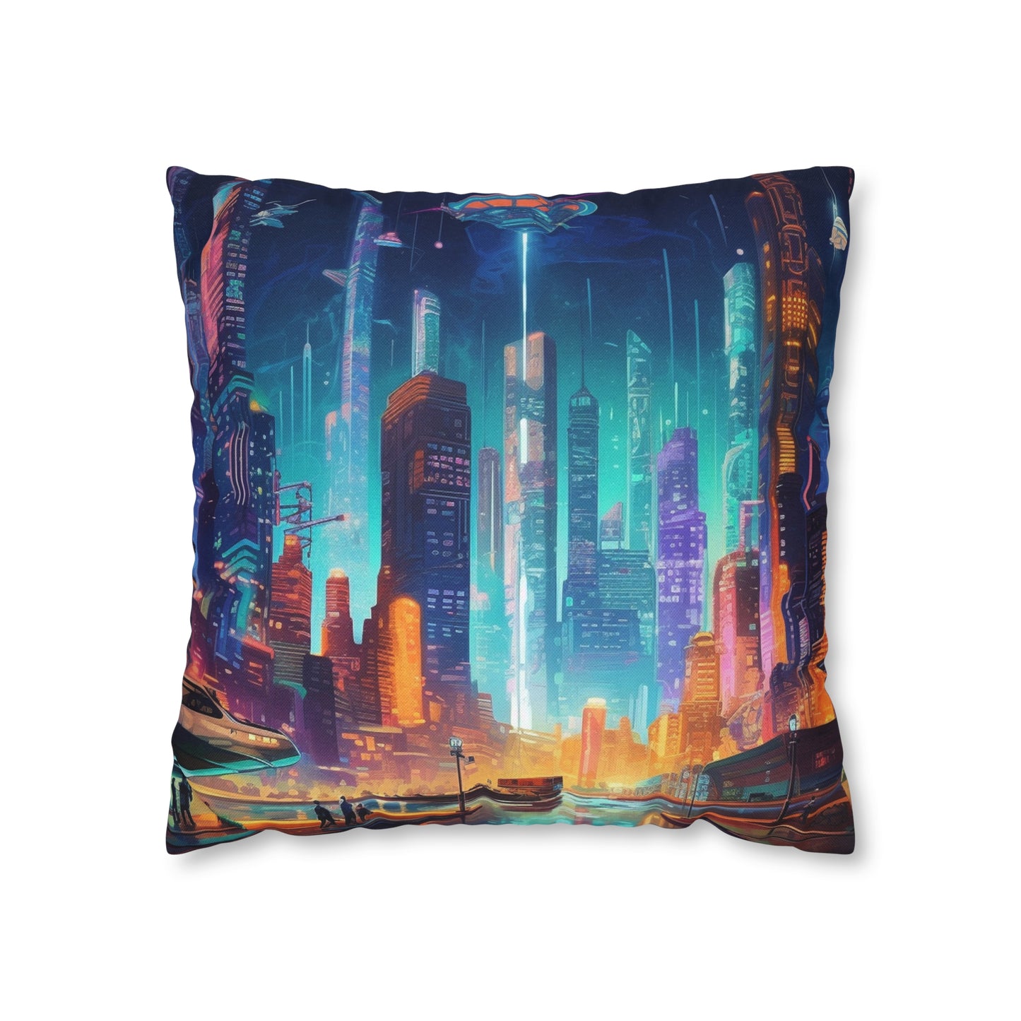 Futuristic Neon Cyberpunk Cityscape Art Design Spun Polyester Square Pillow Case