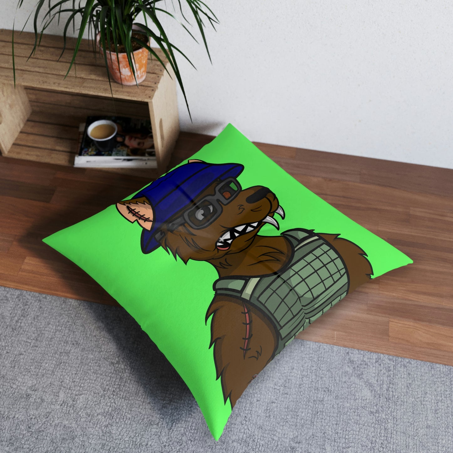 Military Wolf Army Cyborg Wolve Tufted Floor Pillow, Square