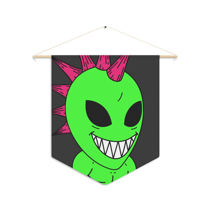 Spiked Pink Hair Muscle Big Smile Green Alien Visitor Pennant