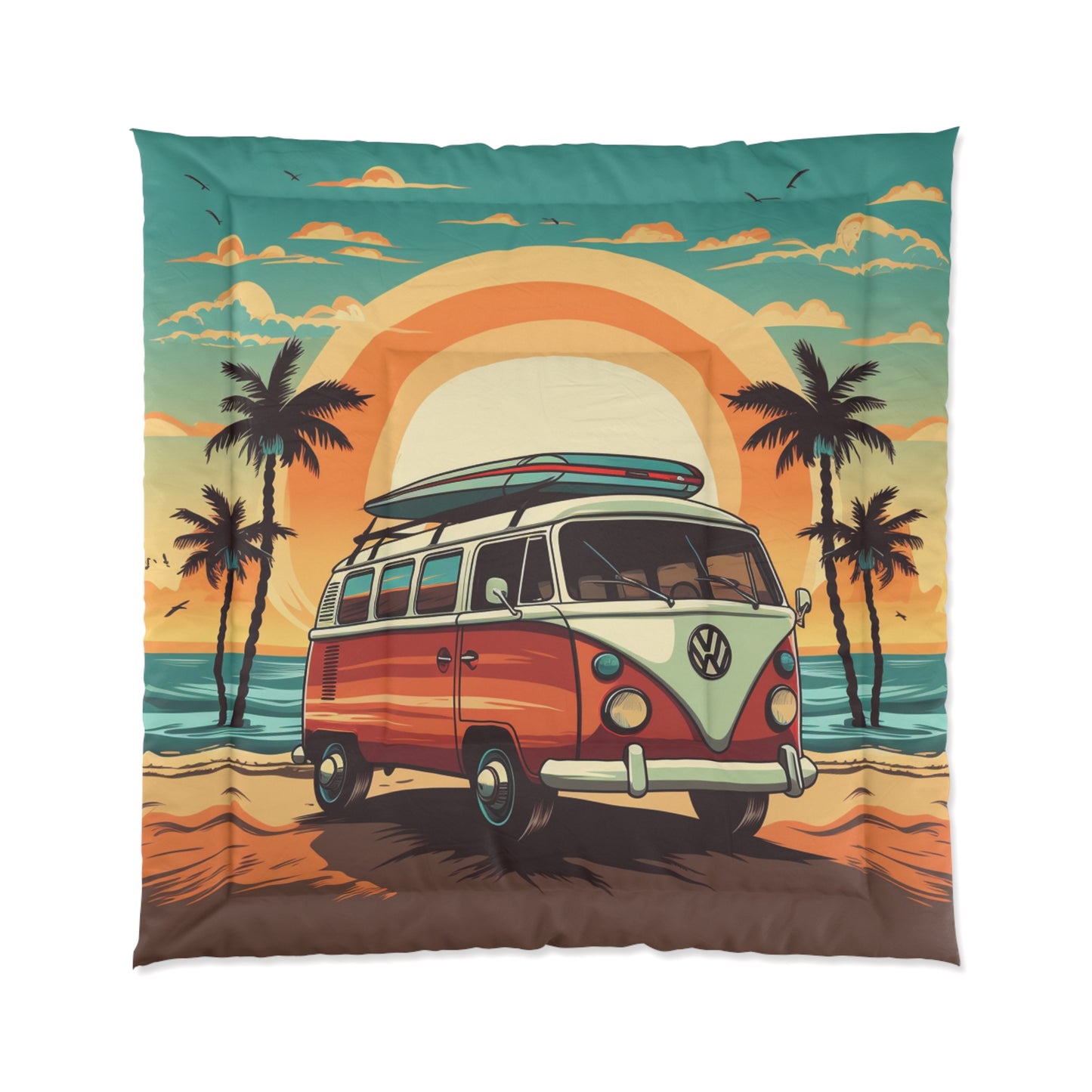 Retro Beach Camper Van - Sunset Surfboard Scene Comforter