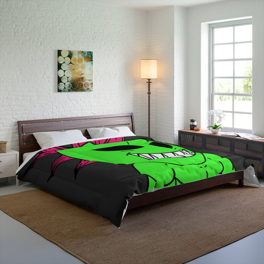 Spiked Pink Hair Muscle Big Smile Green Alien Visitor Bed Comforter