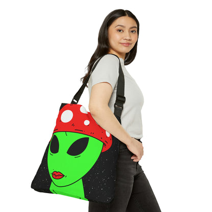 Mushroom Head Green Alien Visitor w/ Red Lips Adjustable Tote Bag (AOP)