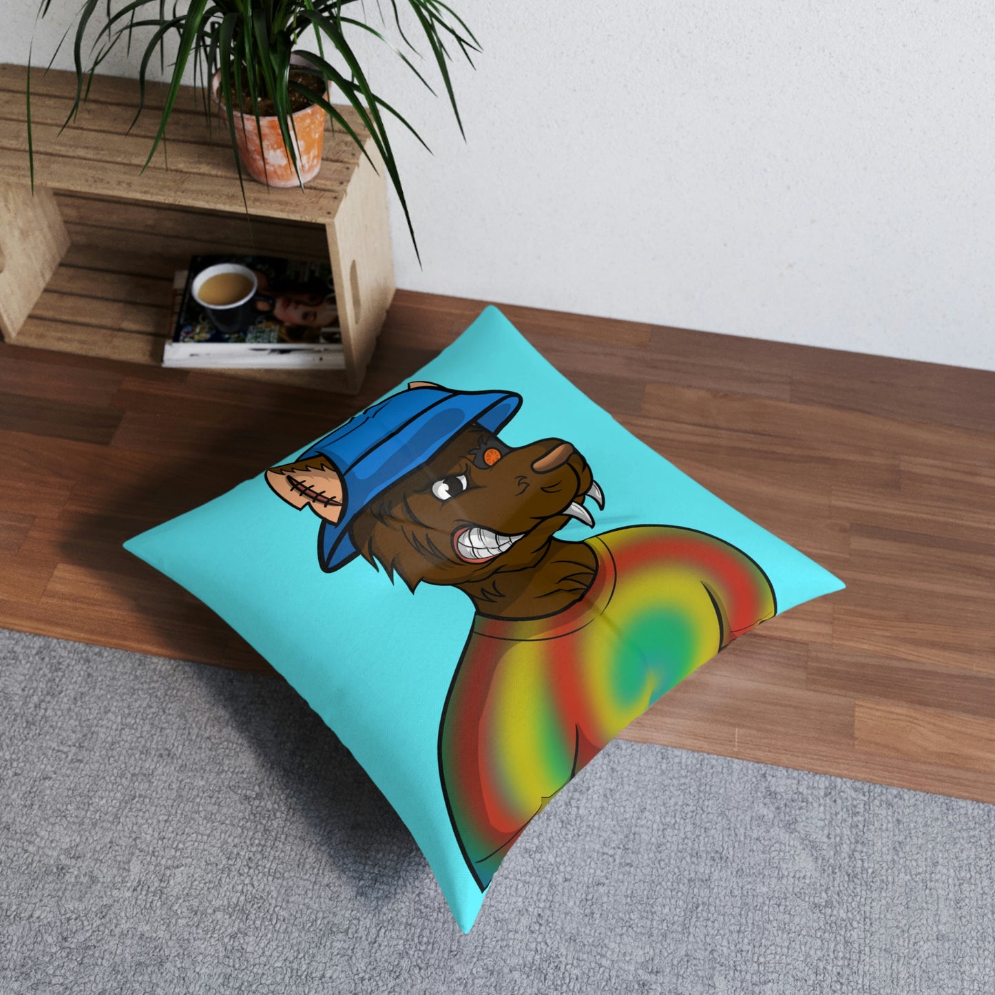 Brown Wolf Fur Cyborg Wolve Bucket Hat Tie Dye Shirt Tufted Floor Pillow, Square