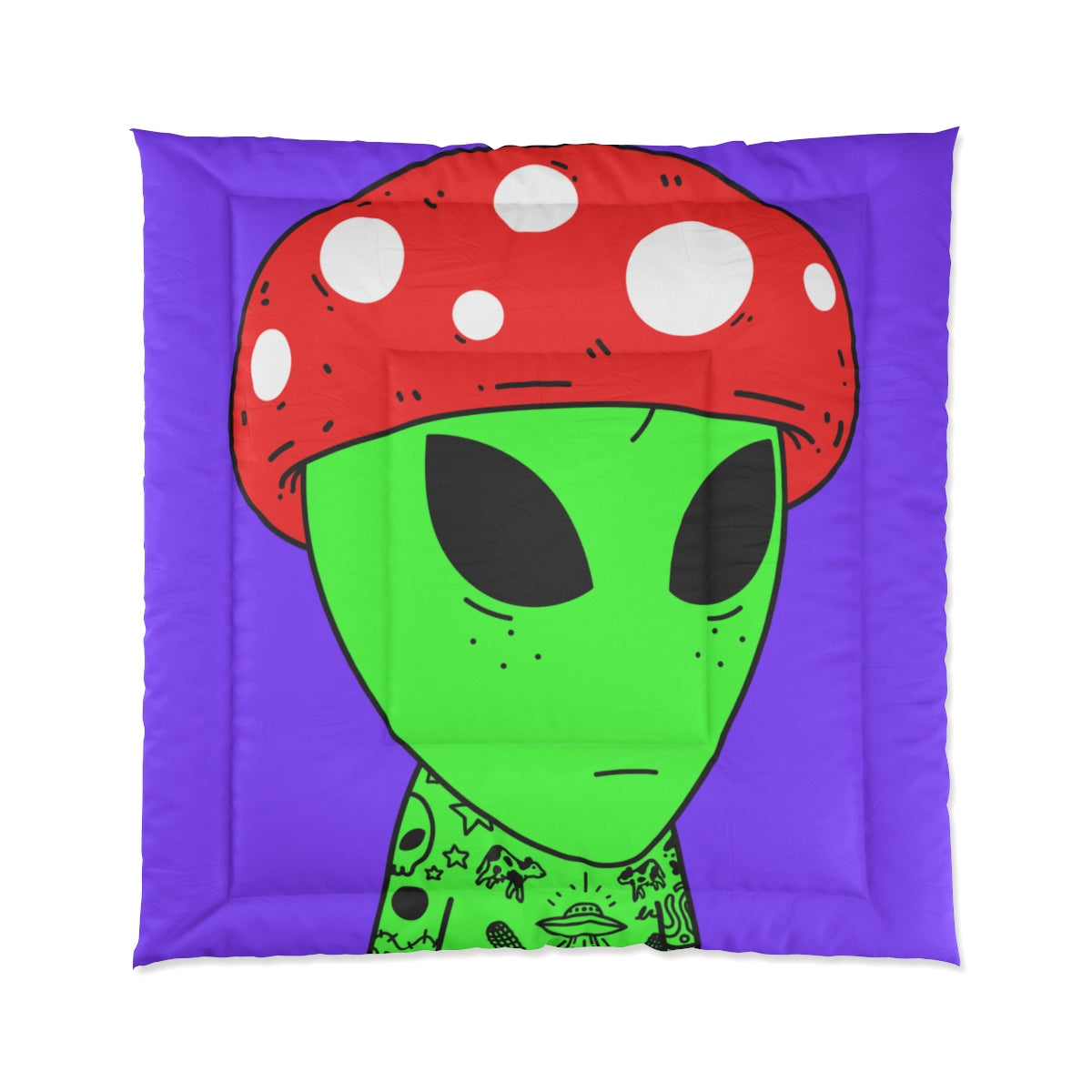 Red Mushroom Head Green Alien Freckles Space Cartoon Tattoos UFO Cows Milk Punisher Visitor Bed Comforter