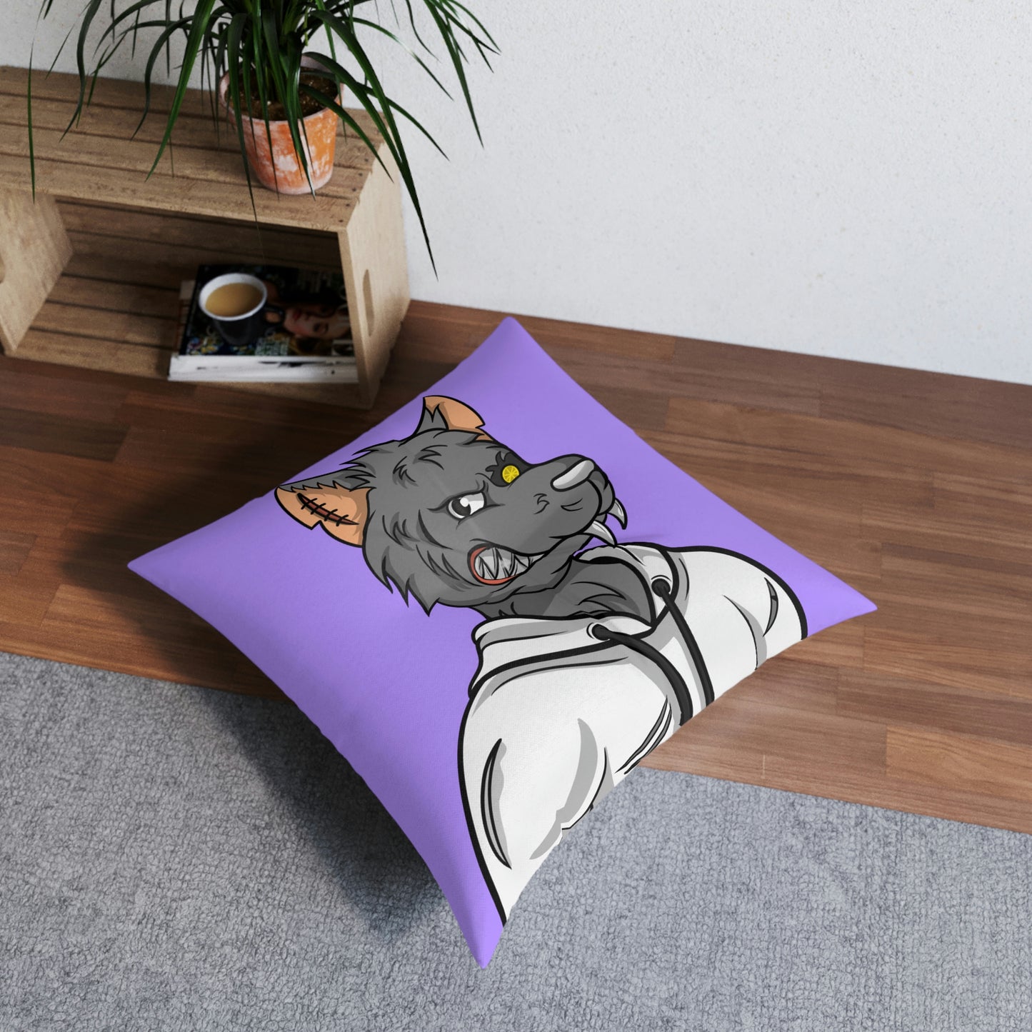 Fitness Grey Wolve Cyborg Wolf Tufted Floor Pillow, Square