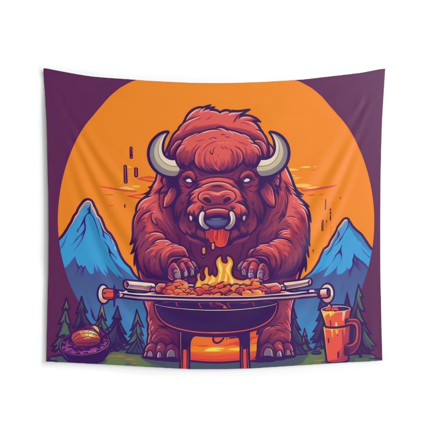 American Bison Grill Cook Food Buffalo Graphic Indoor Wall Tapestries