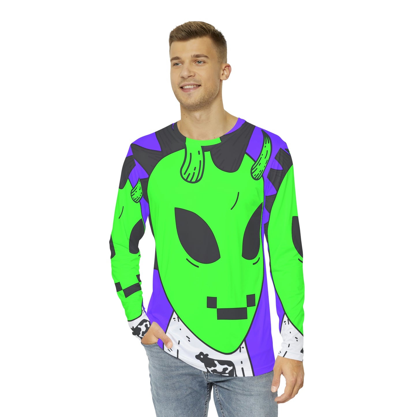 Camisa AOP de manga larga para hombre con sonrisa digital y pelo negro con punta alienígena verde vaca 