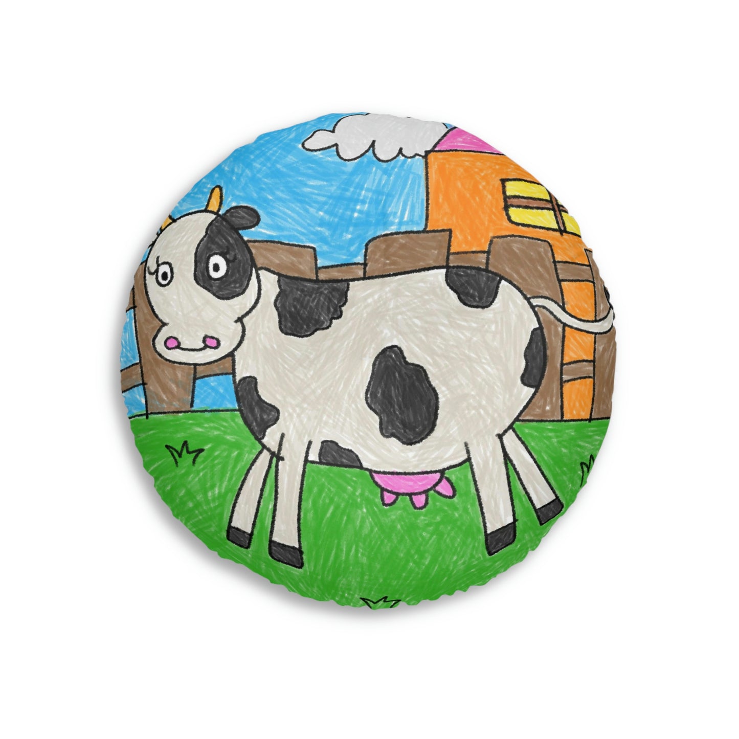 Cow Moo Farm Barn Animal Character Tufted Floor Pillow, Round