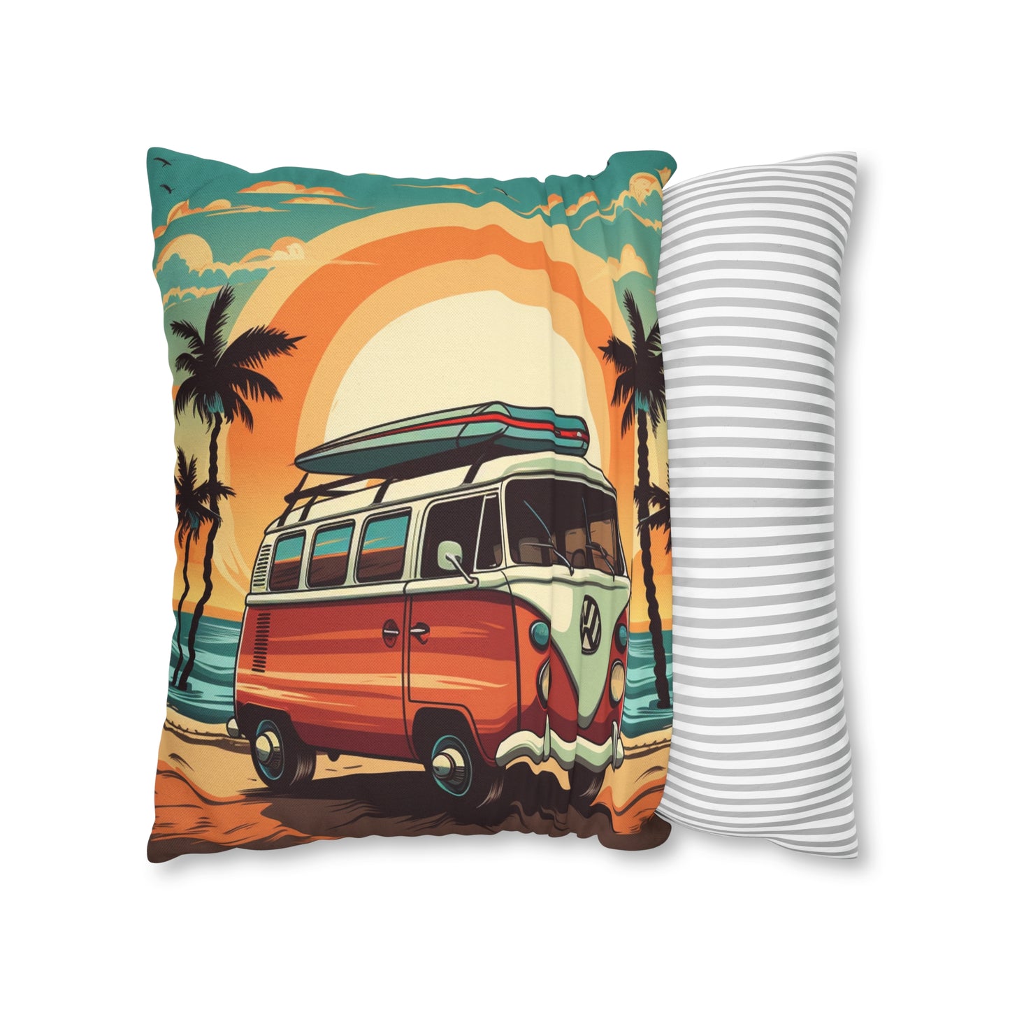 Retro Beach Camper Van - Sunset Surfboard Scene Spun Polyester Square Pillow Case