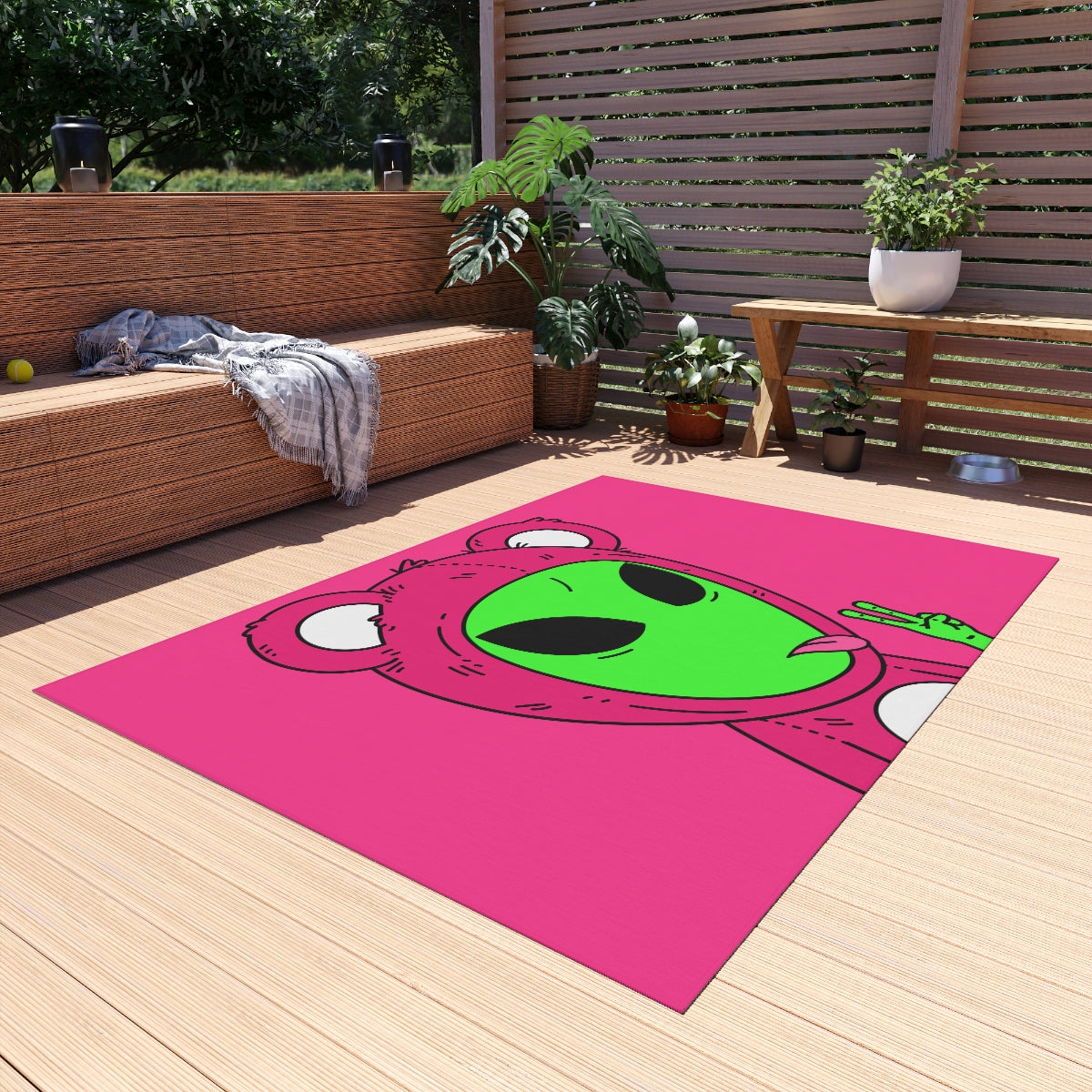 Pink Bear Green Peace Hand Tongue Visitor Alien Outdoor Rug