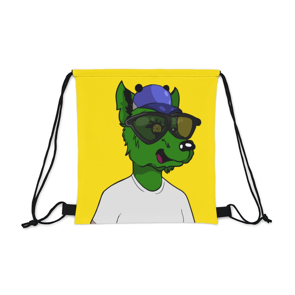 Large Black Sunglasses Green Fur White T Shirt Outdoor Drawstring Bag