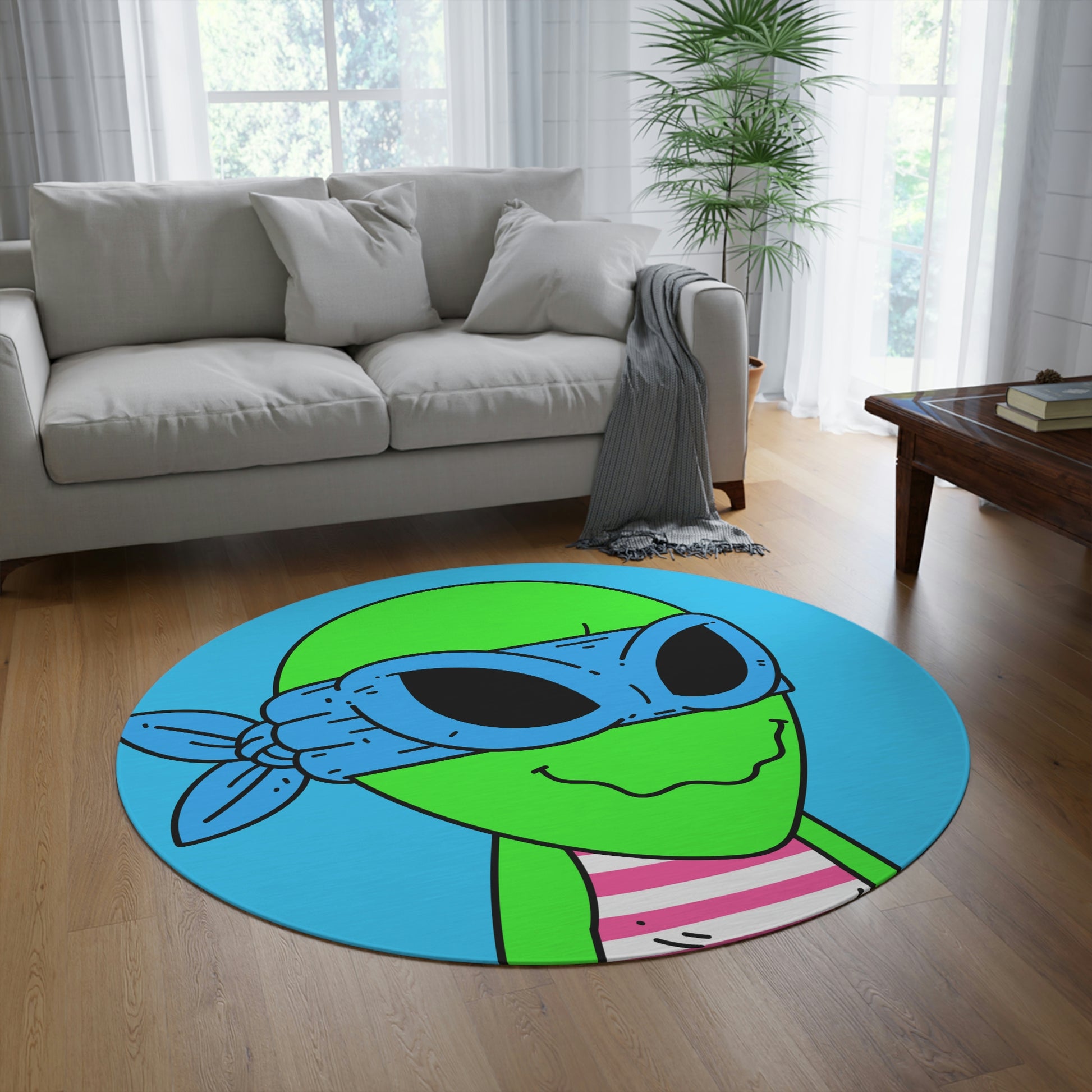 Blue Ninja Superhero Striped Shirt Alien Green Visitor Round Rug - Visitor751