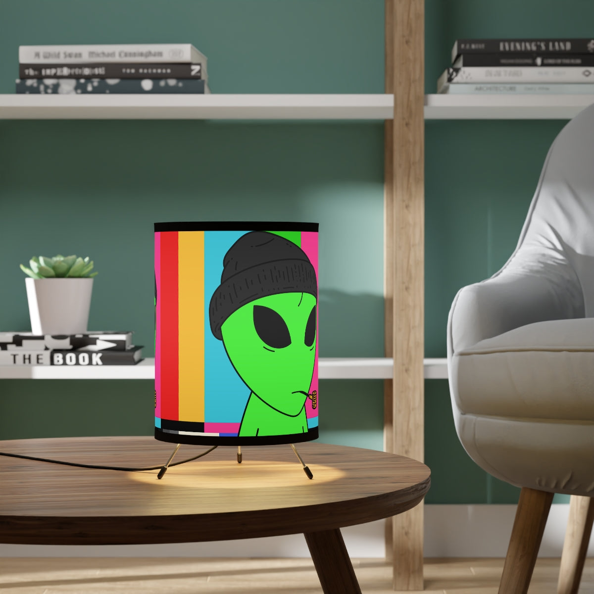 Pipe Smoking Green Alien Black Beanie Tripod Lamp with High-Res Printed Shade, US\CA plug