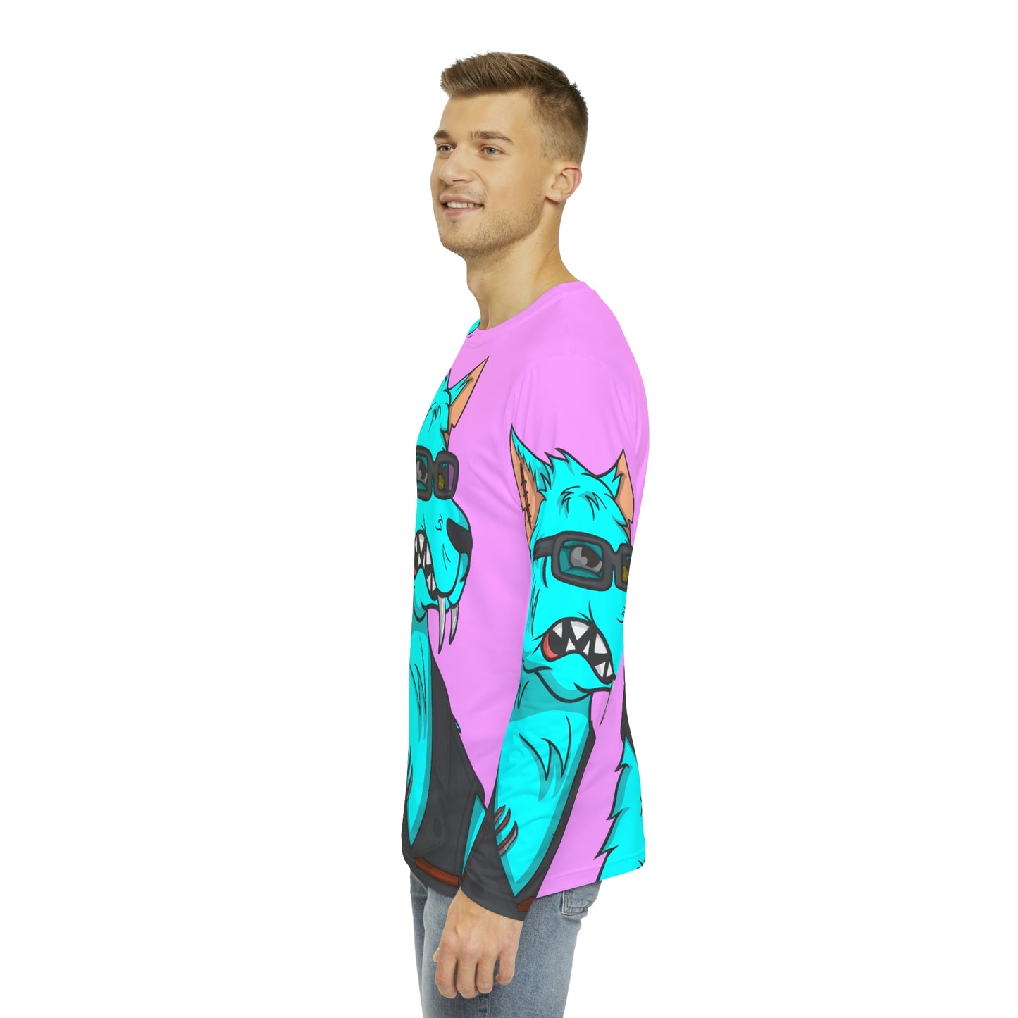 Aqua Water Blue Wolf Cyborg Men's Long Sleeve AOP Shirt