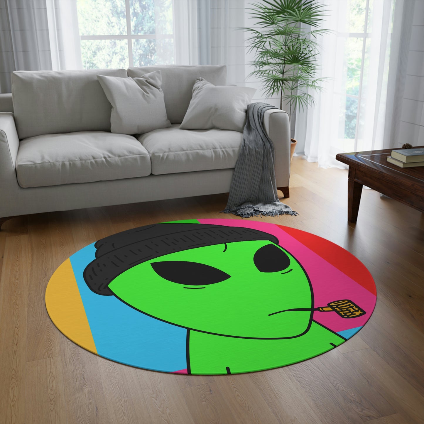 Pipe Smoking Green Visitor Black Hat Alien Round Rug - Visitor751