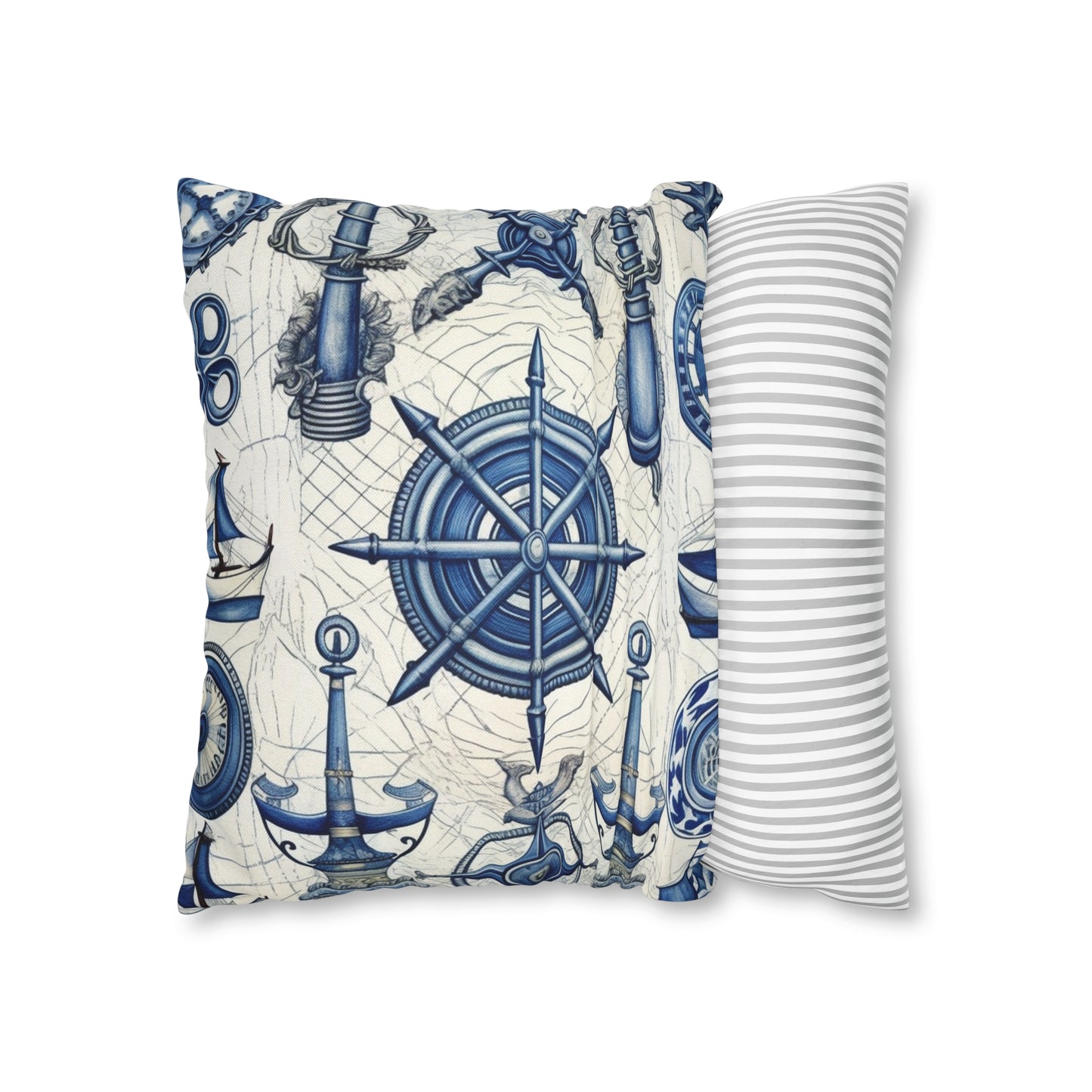 Nautical Theme Art - Anchors, Ropes, Compass Spun Polyester Square Pillow Case