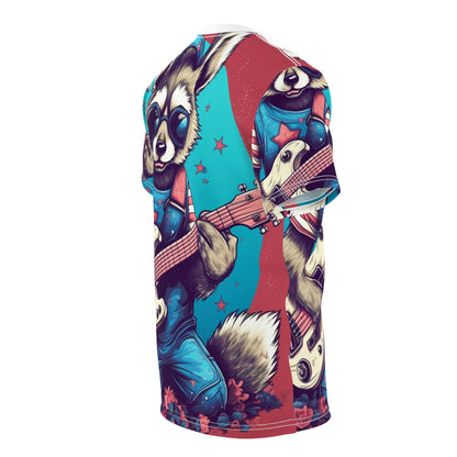 Patriotic Rock 'n' Roll Raccoon: Furry Guitar Player Unisex Cut & Sew Tee (AOP)